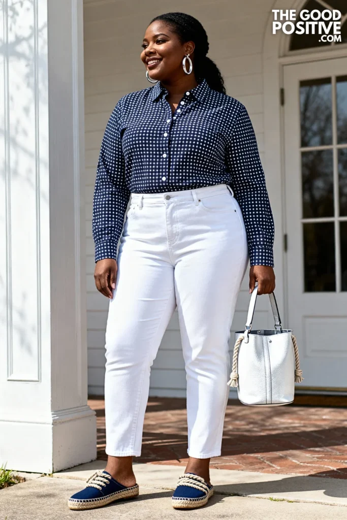 Plus Size Gingham Check Button-Up With White Jeans Outfit