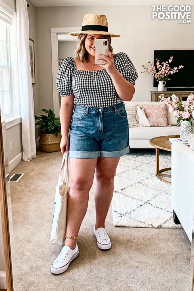 Plus Size Gingham Print Top with Denim Shorts Outfit