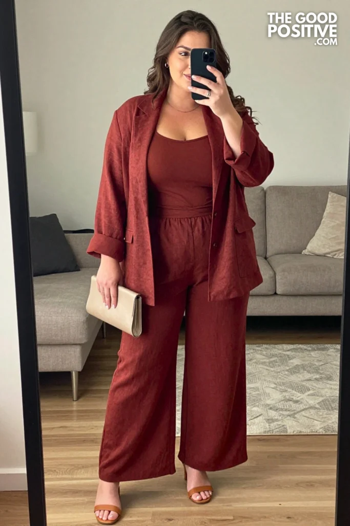 Plus Size Halter Neck Jumpsuit & Lightweight Blazer Outfit