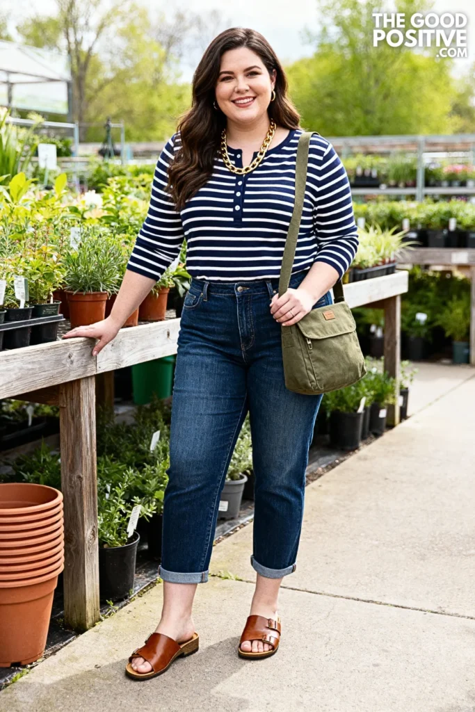 Plus Size Henley Shirt and Cropped Jeans Outfit