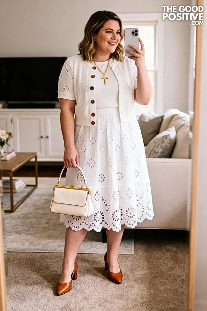 Plus Size Ivory Eyelet Cotton Midi Skirt and Sweater Twin Set Outfit
