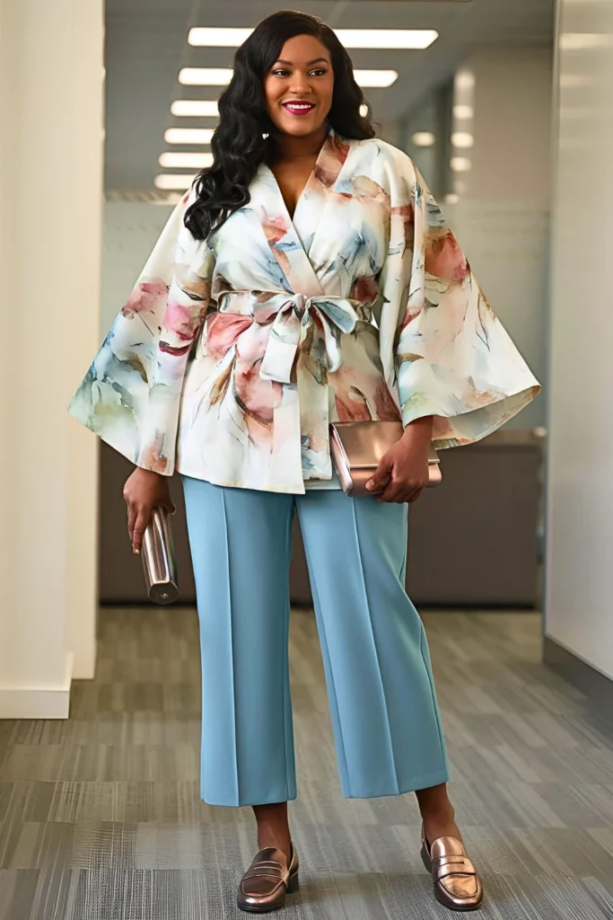 Plus Size Kimono-Style Blazer with Straight-Leg Cropped Pant Spring Work Outfit