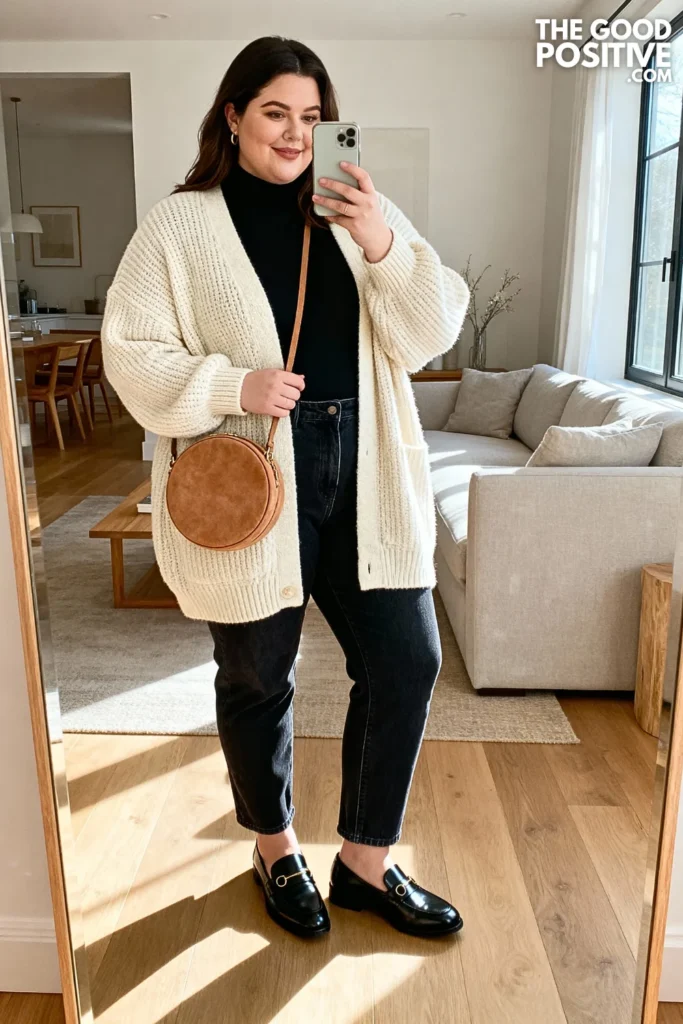 Plus Size Knit Cardigan and Straight Leg Jeans Outfit