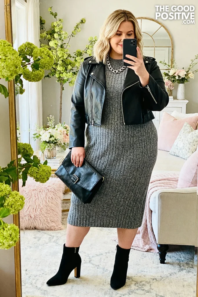 Plus Size Knit Dress with Leather Jacket Outfit