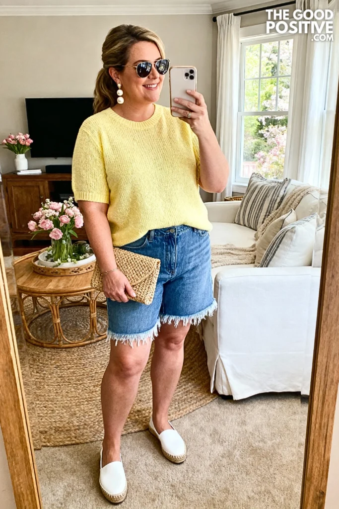 Plus Size Knit Short Sleeve Sweater with Bermuda Shorts Outfit