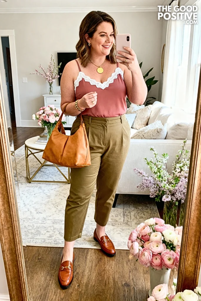 Plus Size Lace Trim Camisole with Chinos Outfit