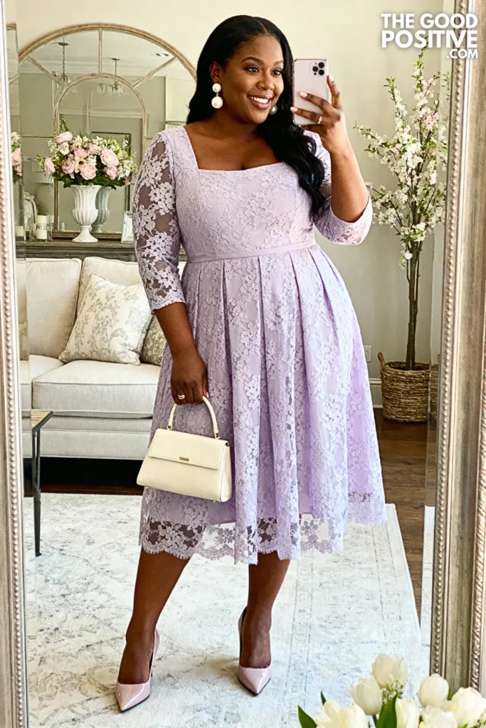 Plus Size Lavender Lace Overlay Midi Dress Outfit