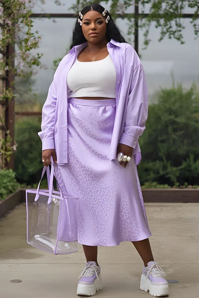 Plus Size Lavender Leopard Midi Skirt with White Crop Tank Spring Outfit