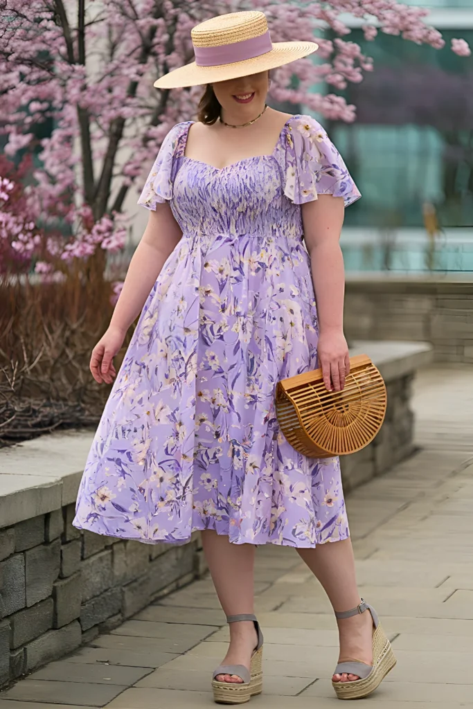 Plus Size Lavender Micro-Floral Tea Length Dress Spring Outfit