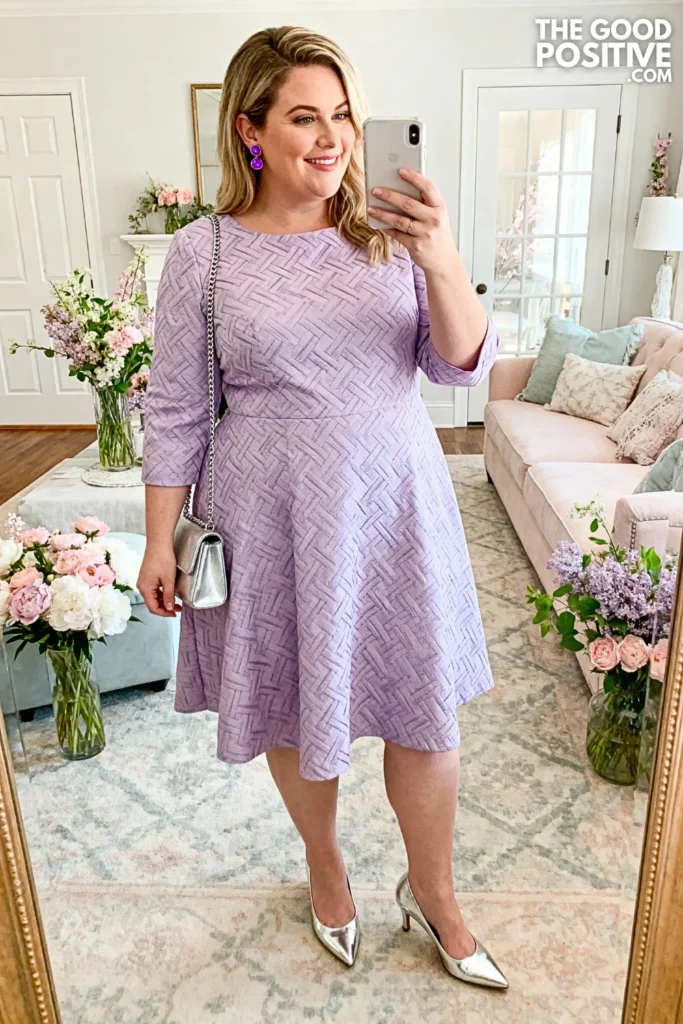 Plus Size Lilac Jacquard Fit-to-Flare Dress Outfit