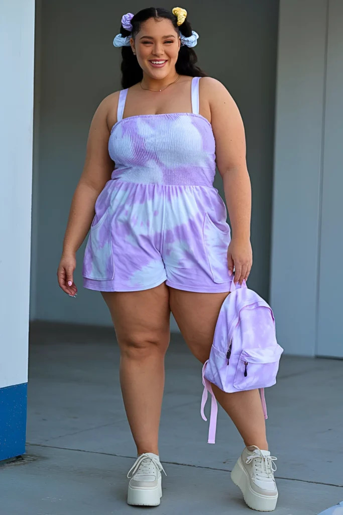 Plus Size Lilac Tie-dye Cotton Romper With Shorts Spring Break Outfit