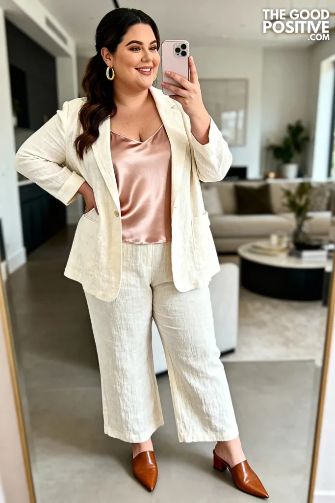 Plus Size Linen Blazer and Wide Leg Pants Outfit