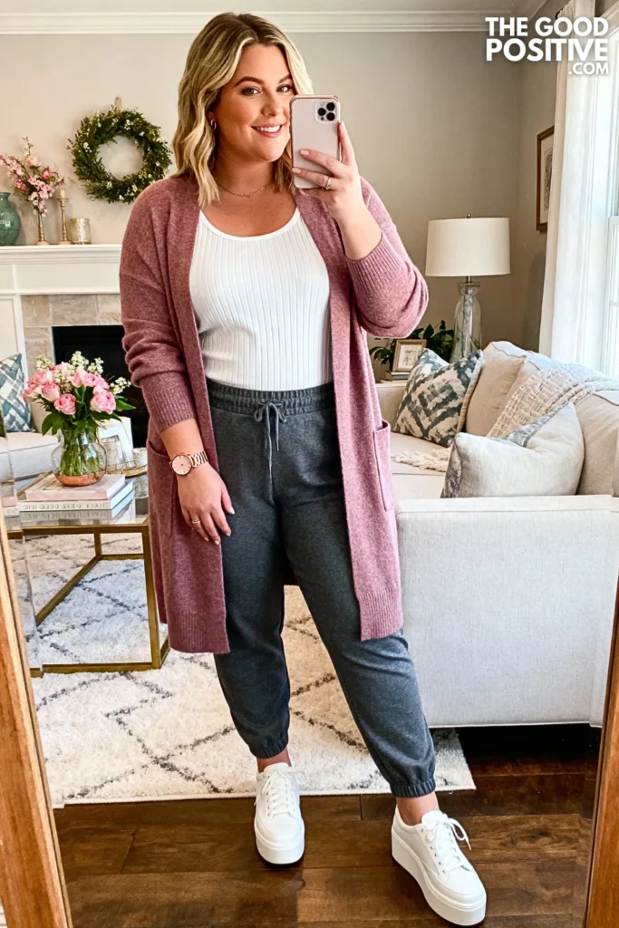 Plus Size Longline Cardigan with Slim Joggers Outfit