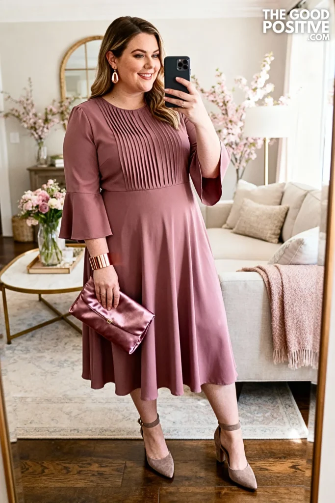 Plus Size Mauve Pintuck Detail Dress with Bell Sleeves Outfit