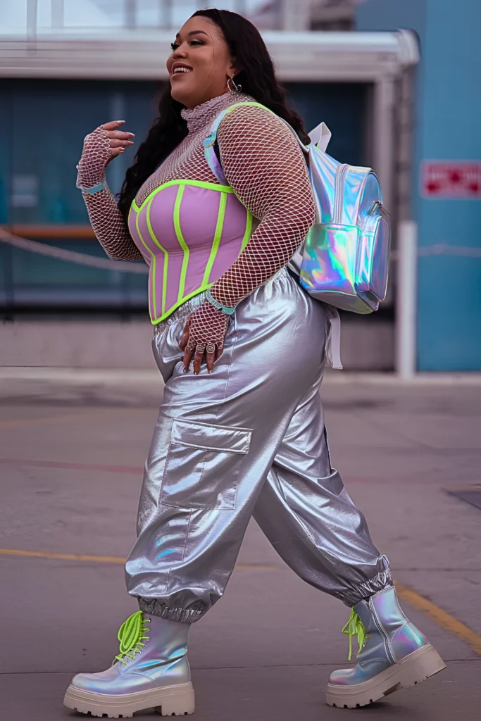 Plus Size Mesh Turtleneck Under A Neon Corset Top With Cargo Pants Spring Outfit for Black Women