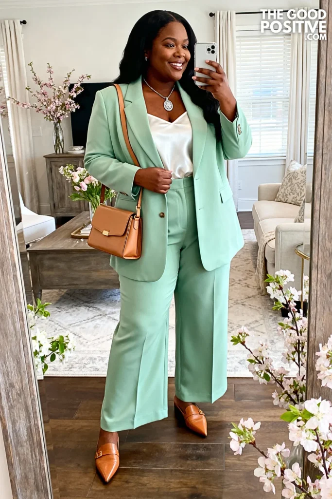 Plus Size Mint Green Tailored Blazer and Trouser Set Outfit