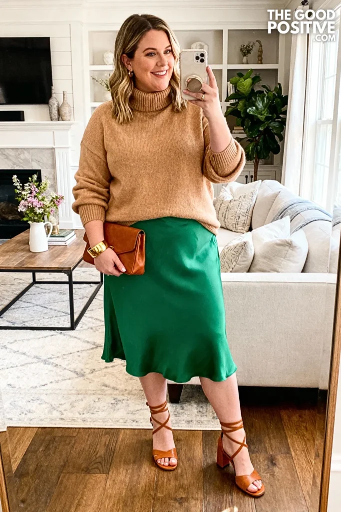 Plus Size Mock Neck Sweater with Midi Slip Skirt Outfit