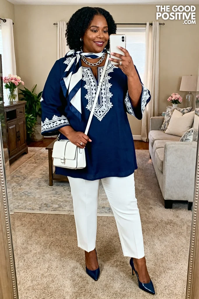 Plus Size Navy Embroidered Tunic with White Cigarette Pants Outfit
