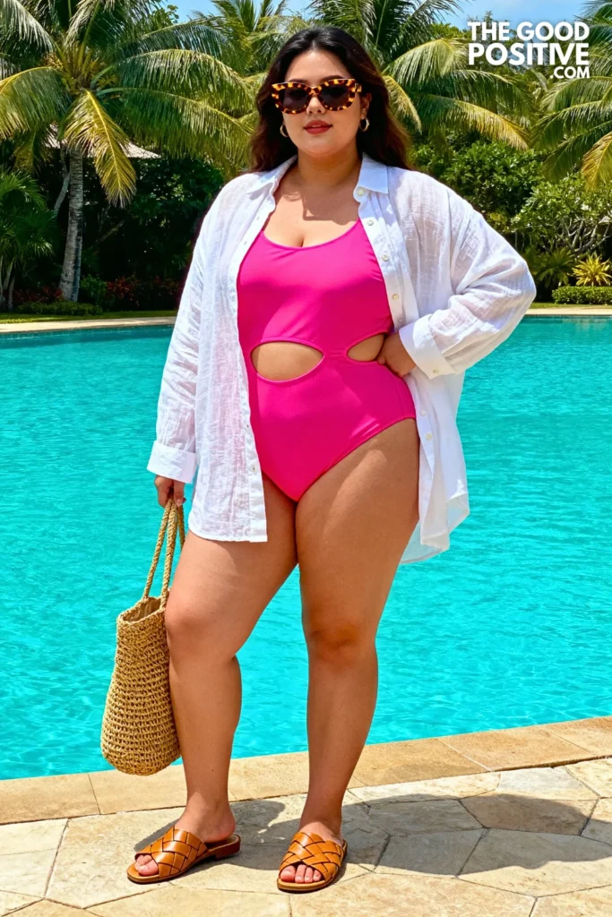 Plus Size Neon Pink Cut-Out Monokini With White Linen Shirt Outfit