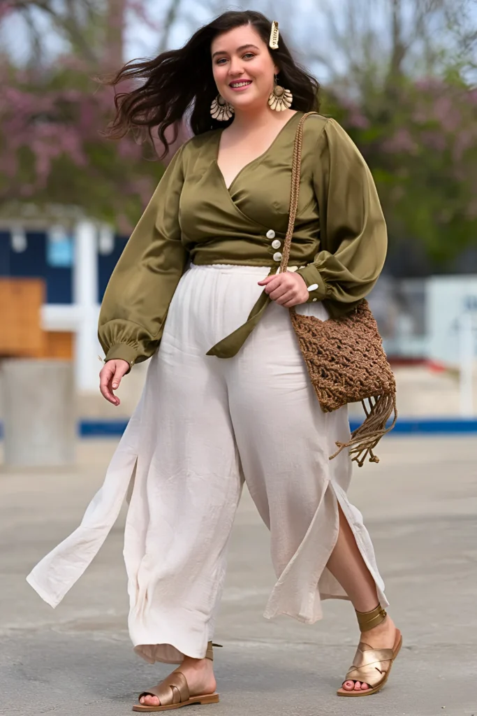 Plus Size Olive Green Silk Wrap Blouse Paired With White Linen Pant Early Spring Outfit