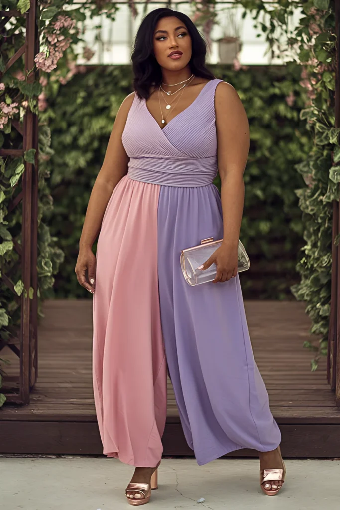 Plus Size Ombre Sunset One-Shoulder Jumpsuit with Rose Gold Sandals Spring Outfit