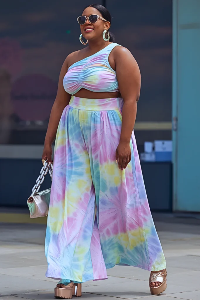 Plus Size One-shoulder Ruching Crop Top Pastel In Tie-dye High-waist Palazzo Pants Spring Outfit for Black Women