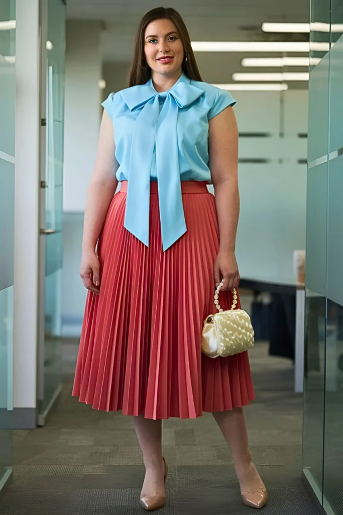 Plus Size Origami-Pleat Midi Skirt with Front Bow Blouse Spring Work Outfit