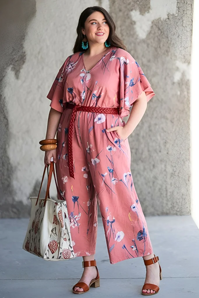 Plus Size Painted Watercolor Wildflowers Wide-leg Cotton Jumpsuit In Terracotta Early Spring Outfit