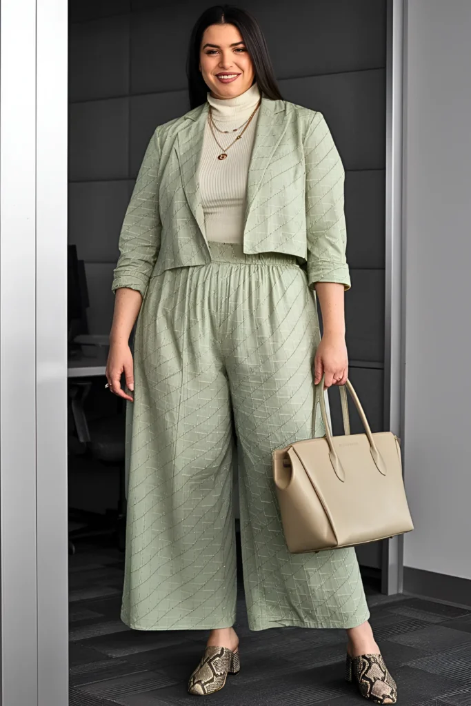 Plus Size Palazzo Pant, Cropped Blazer And Ribbed Turtleneck Cold Spring Outfit