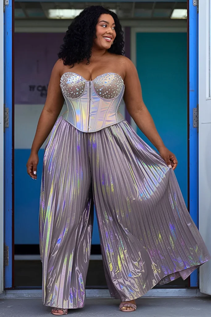 Plus Size Palazzo Pants In Holographic Pleated Fabric With Matching Corset Top Spring Outfit for Black Women