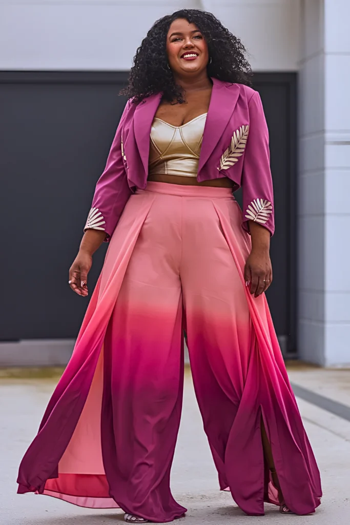 Plus Size Palazzo Pants Set In Sunset Ombre Chiffon Spring Outfit for Black Women