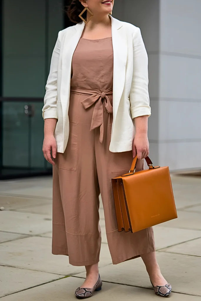 Plus Size Papaya Orange Linen Jumpsuit with Ivory Crepe Blazer Spring Outfit