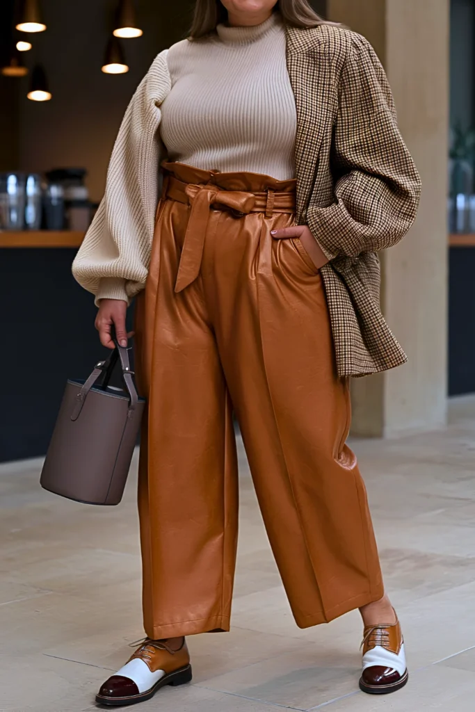 Plus Size Paper-bag Waist Pants with Ribbed Sweater Cold Spring Outfit