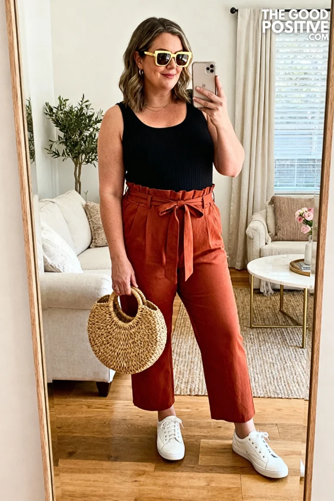 Plus Size Paperbag Waist Trousers with Fitted Tank Outfit