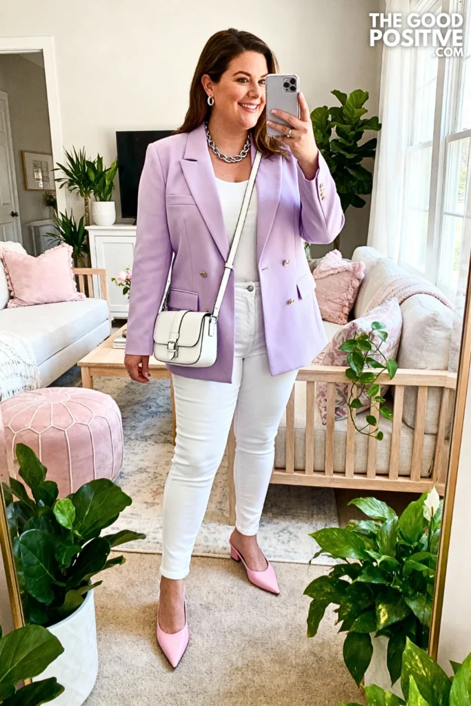 Plus Size Pastel Blazer with White Jeans Outfit