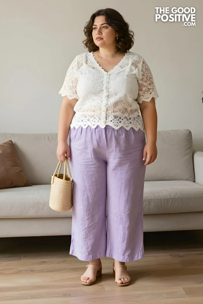 Plus Size Pastel Linen Wide-Leg Trouser & Cropped Lace Blouse Outfit