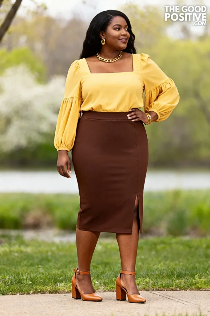 Plus Size Peasant Sleeve Top With Pencil Skirt Outfit