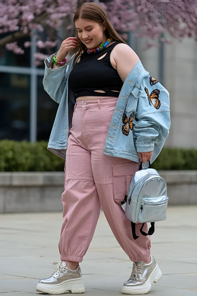 Plus Size Pink Cargo with Butterfly Denim Jacket Spring Outfit