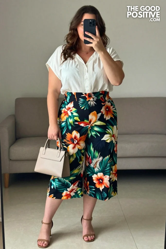 Plus Size Pintuck Detail Blouse & Floral Printed Culottes Outfit