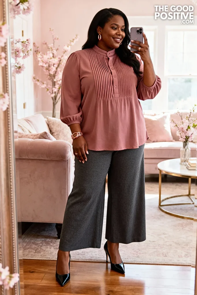 Plus Size Pintuck Detail Blouse With Palazzo Pants Outfit