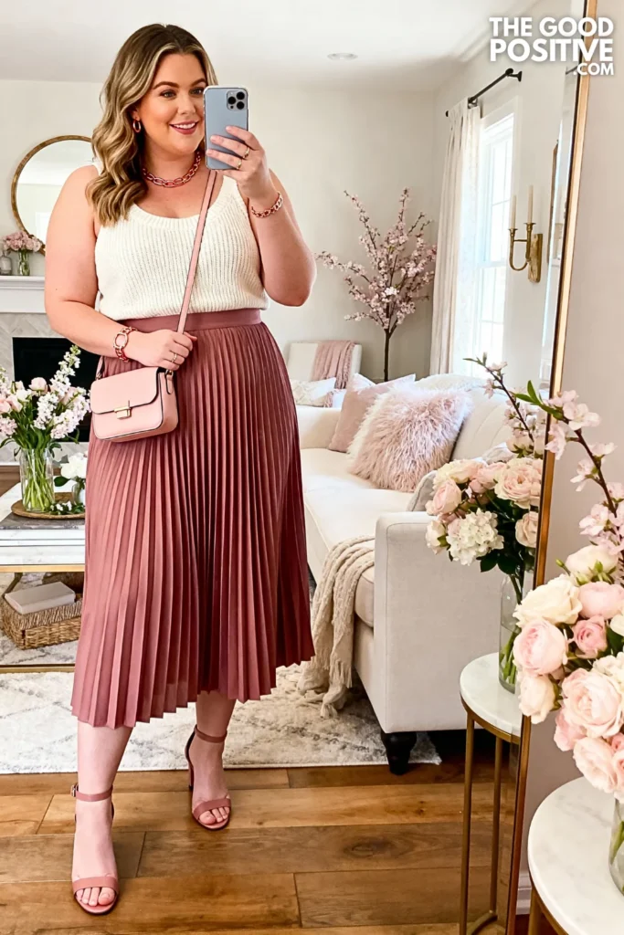 Plus Size Pleated Midi Skirt and Sweater Tank Outfit