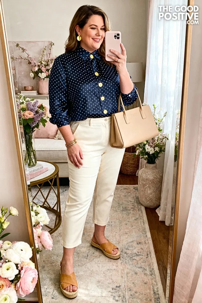 Plus Size Polka Dot Blouse with Cropped Pants Outfit