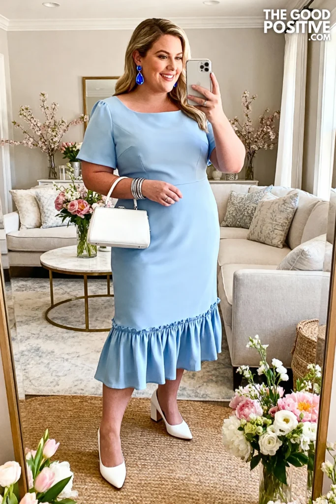 Plus Size Powder Blue Tiered Ruffle Hem Dress Outfit