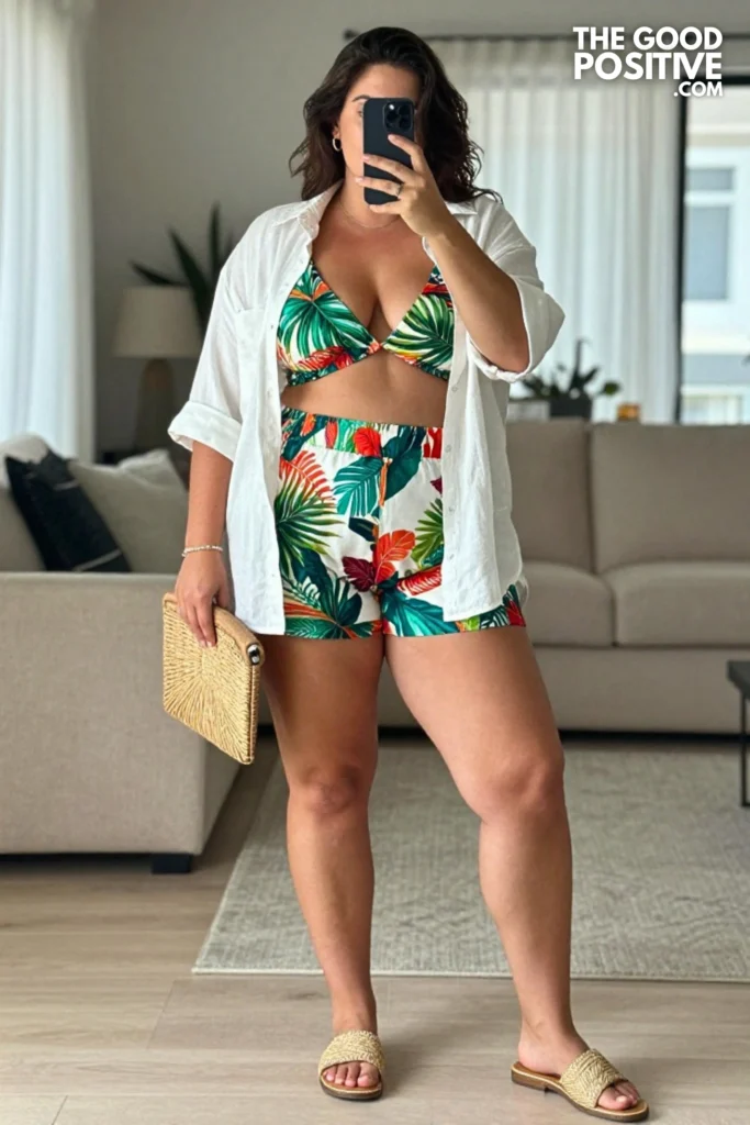 Plus Size Printed Co-Ord Shorts Set & Oversized Linen Shirt Outfit