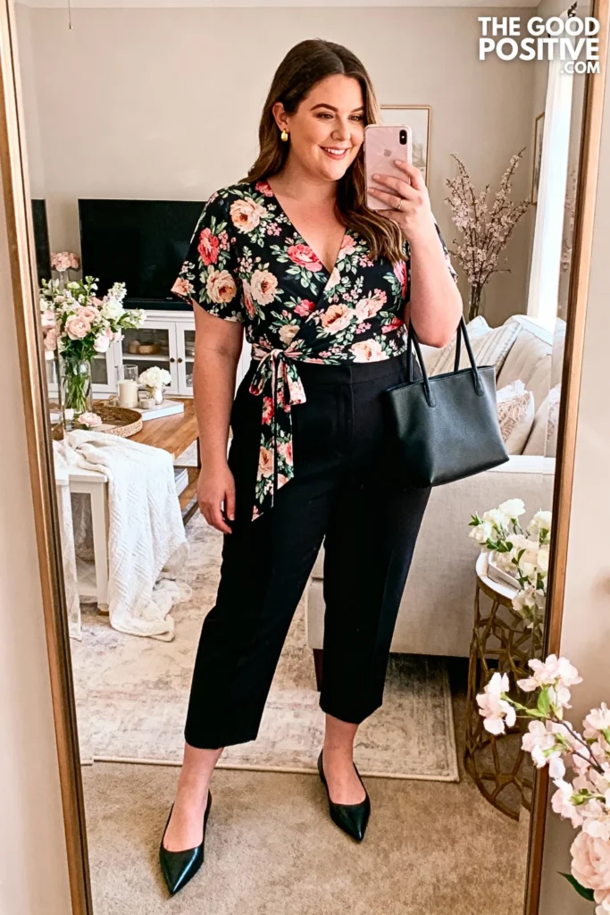 Plus Size Printed Wrap Top and Solid Pants Outfit