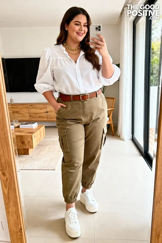 Plus Size Puff Sleeve Blouse and Cargo Pants Outfit