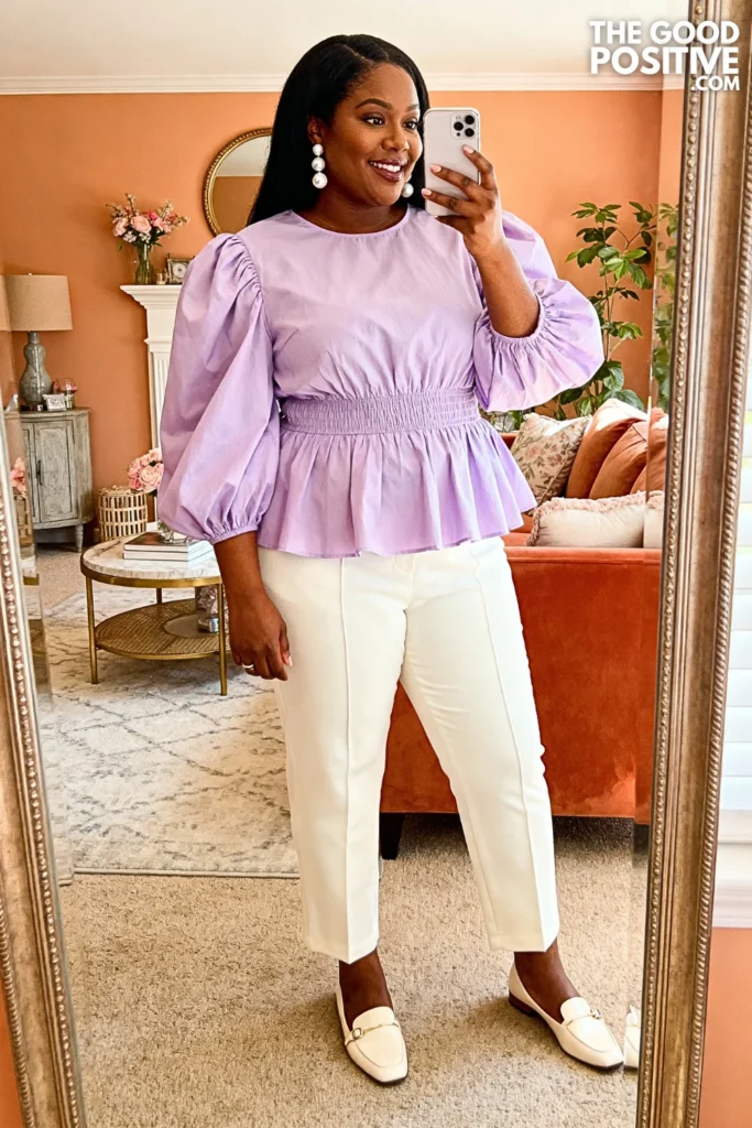 Plus Size Puff Sleeve Peplum Blouse With Tailored Trousers Outfit