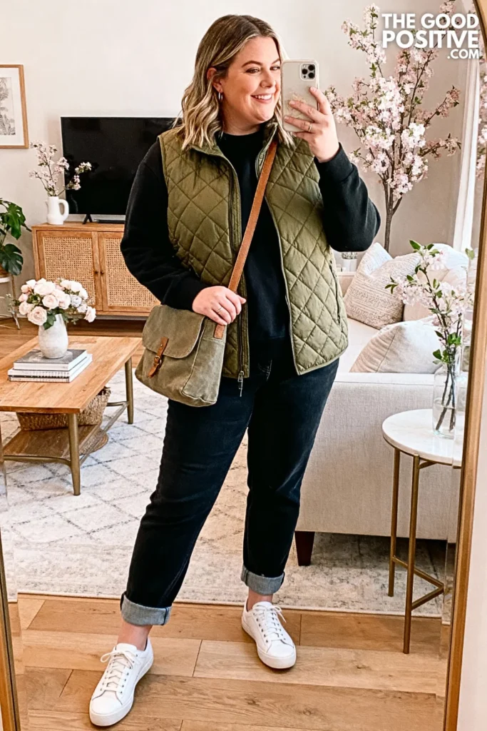 Plus Size Quilted Vest with Straight-Leg Jeans Outfit