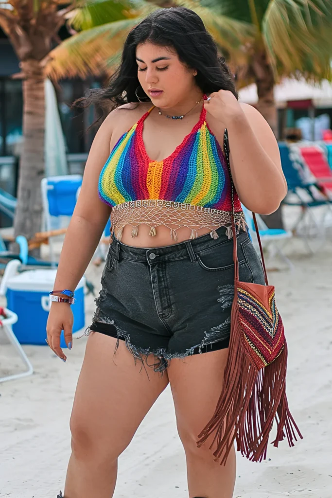 Plus Size Rainbow Crochet Halter Top With Black Denim Shorts Spring Break Outfit