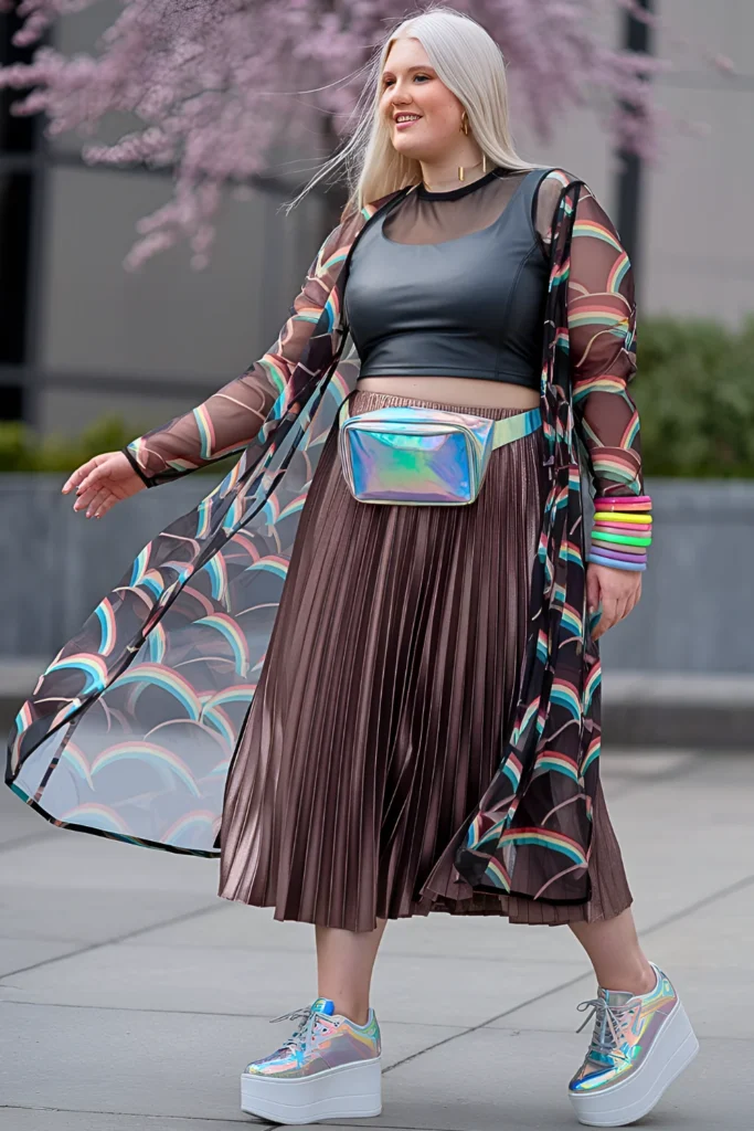 Plus Size Rainbow Mesh Duster, Black Crop Tank with Silver Pleated Midi Spring Outfit